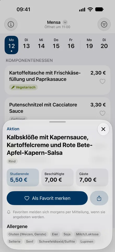 ein Mensa-Gericht mit Preisen und Allergenen (hell)