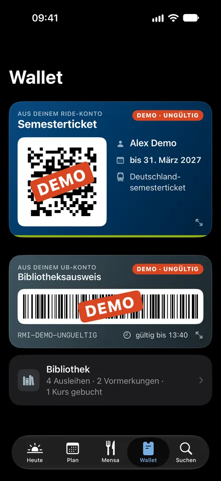 das Wallet mit Ticket und Bibliotheksausweis (dunkel)